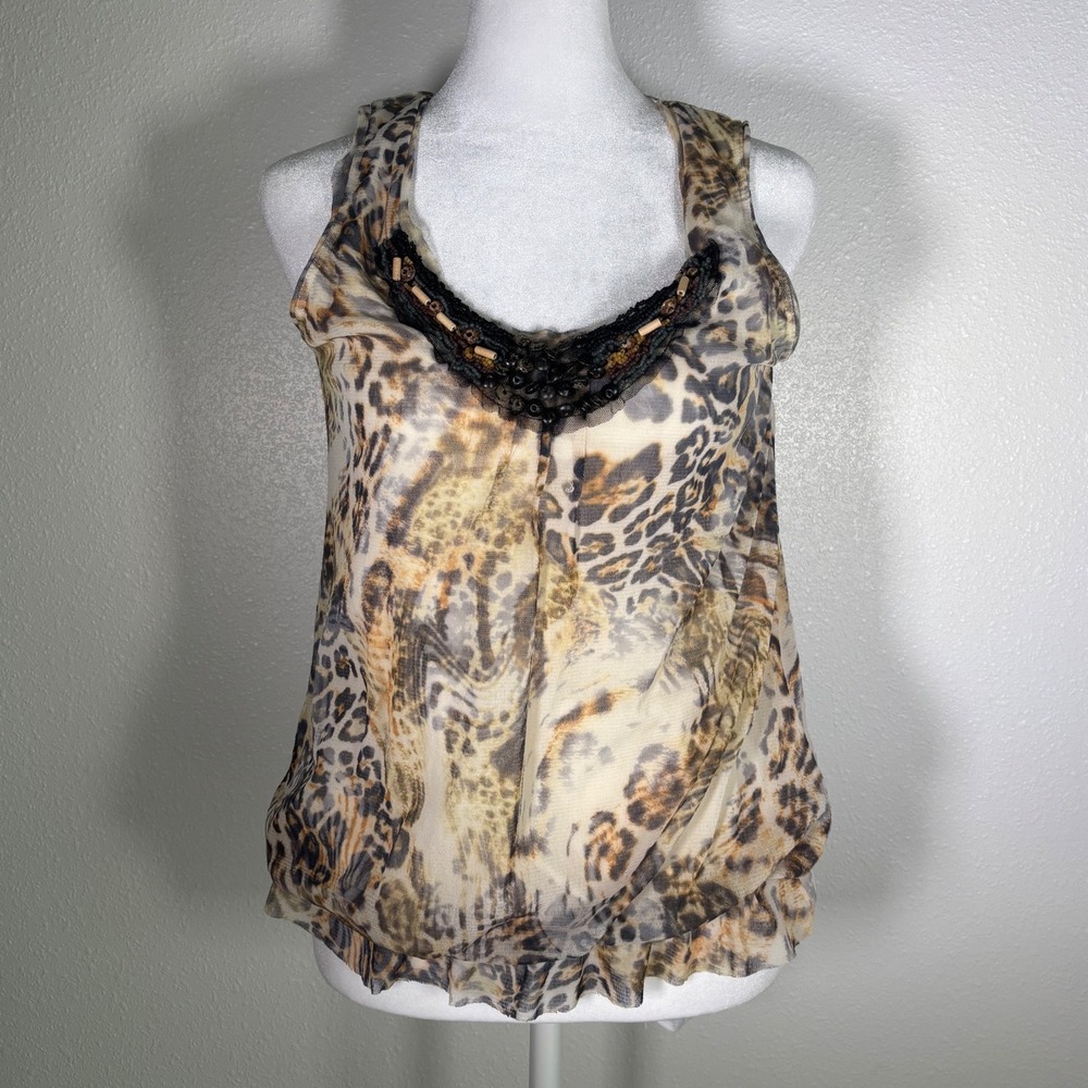 Y2K Festival Vtg Leopard Print Mesh Beaded Scoop Neck Bubble Hem Tank Top Small